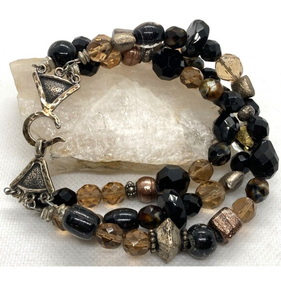 Vintage 3-Strand Art Glass Beads Beaded Bracelet Sterling 925 Silver 8.5'' 58g - Picture 1 of 8